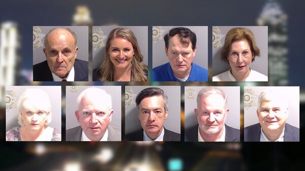 Nine defendants indicted along with former President Donald Trump had been booked into the Fulton County jail by August 23. Top row, left to right: Rudy Giuliani, Jenna Ellis, Ray Smith III, Sidney Powell. Bottom row, left to right: Cathy Latham, John Eastman, Kenneth Chesebro, Scott Hall, David Shafer. (File photos)