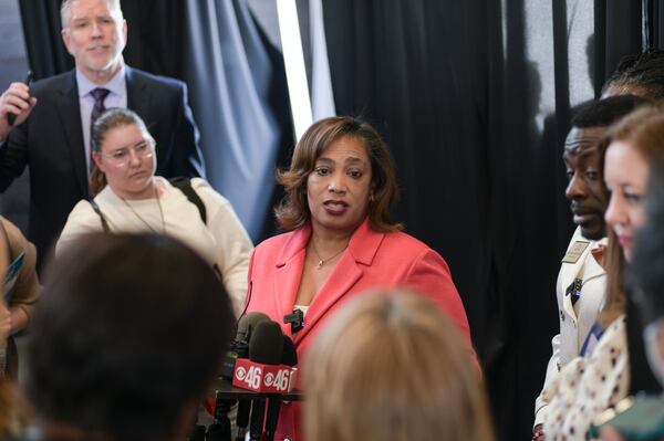 Vasanne Tinsley, interim superintendent of DeKalb County Schools, speaks to the news media on April 27, 2022. (Natrice Miller / natrice.miller@ajc.com)