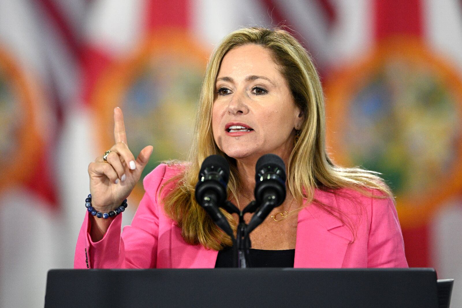 FILE - Former Rep. Debbie Mucarsel-Powell, a Democratic candidate for the U.S. Senate, addresses the crowd before an appearance by President Joe Biden during his reproductive freedom campaign event at Hillsborough Community College, Tuesday, April 23, 2024, in Tampa, Fla. (AP Photo/Phelan M. Ebenhack, File)