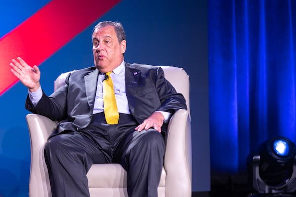 Former New Jersey governor and Republican presidential candidate Chris Christie speaks at The Gathering conservative political conference in Buckhead on Saturday, August 19, 2023. (Arvin Temkar / arvin.temkar@ajc.com)
