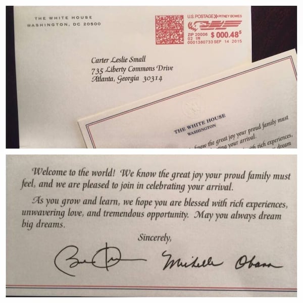 A copy of the letter Obama sent to Carter at his birth. PHOTO COURTESY/Nikema Williams