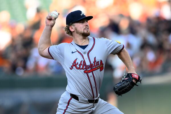 Atlanta Braves starting pitcher Spencer Schwellenbach throws to a Baltimore Orioles batter during the second inning of a baseball game Wednesday, June 12, 2024, in Baltimore. (AP Photo/Nick Wass)