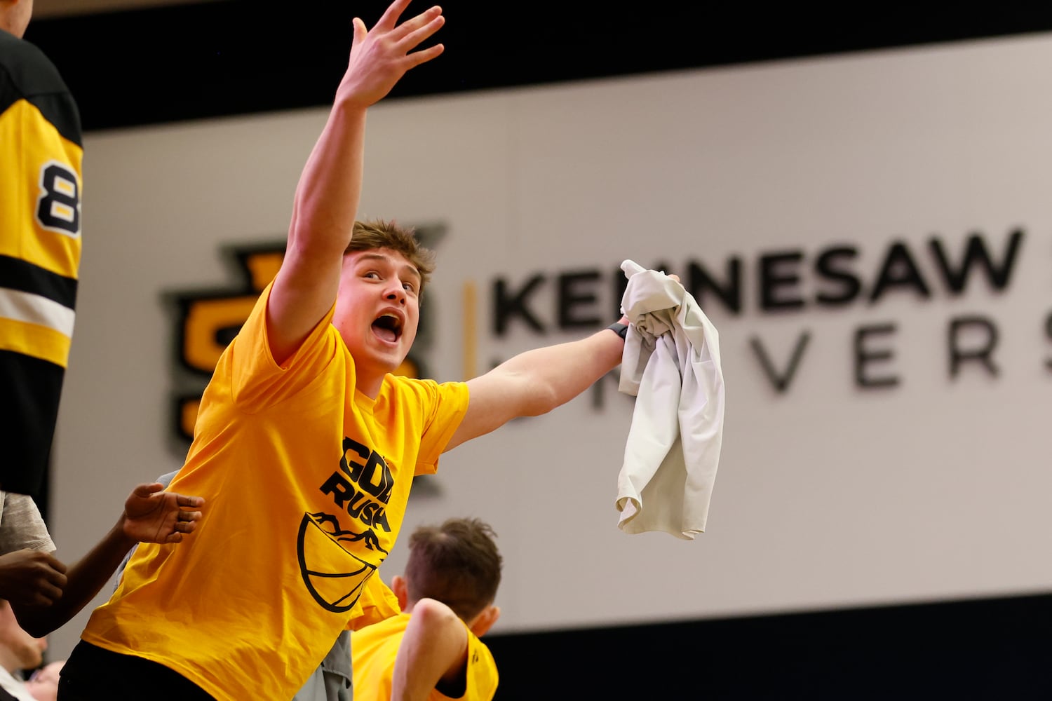 Kennesaw State fans react after the Owls beat the Liberty Flames 88-81 at the Kennesaw State Convention Center on Thursday, Feb 16, 2023.
 Miguel Martinez / miguel.martinezjimenez@ajc.com