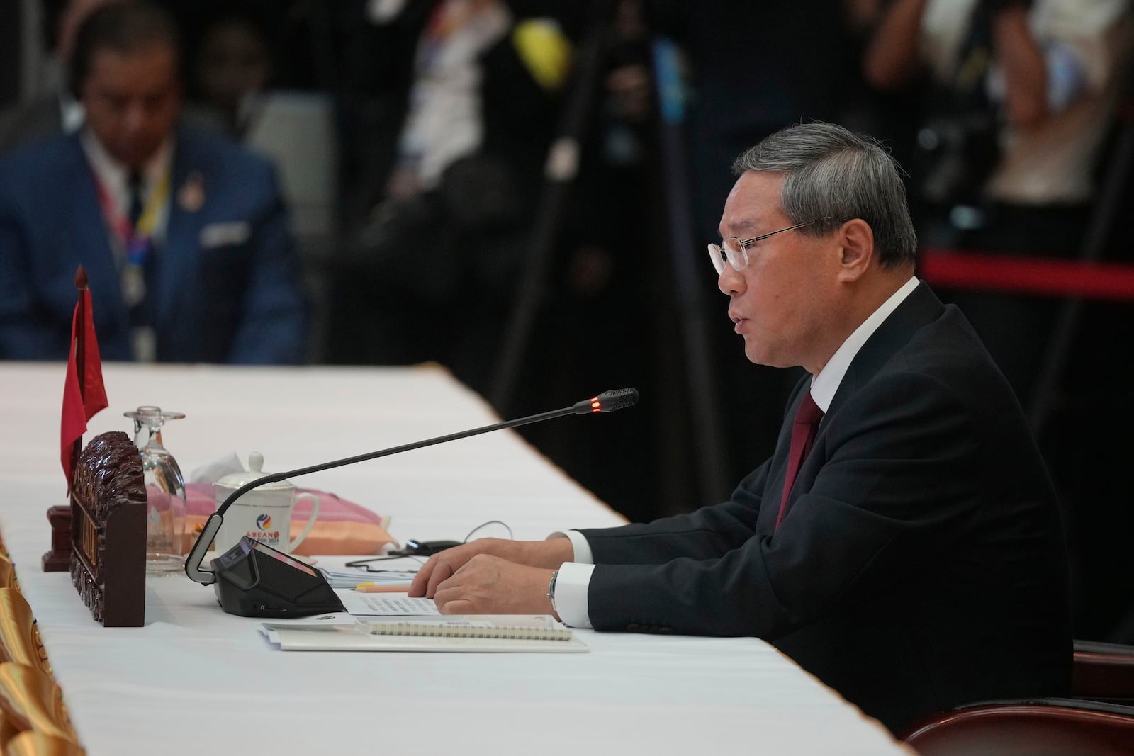 Chinese Premier Li Qiang delivers his opening remarks during the 27th Association of Southeast Asian Nations (ASEAN)-China Summit in Vientiane, Laos, Thursday, Oct. 10, 2024. (AP Photo/Dita Alangkara)