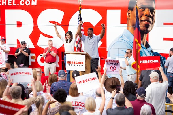 Former U.S. Ambassador to the UN Nikki Haley and U.S. Senate candidate Herschel Walker hold a Unite Georgia Bus Tour rally on Sunday, November 6, 2022, in Hiram.  Walker and Haley spoke at the rally for supporters ahead of the 2022 midterm election. (Christina Matacotta for The Atlanta Journal-Constitution)