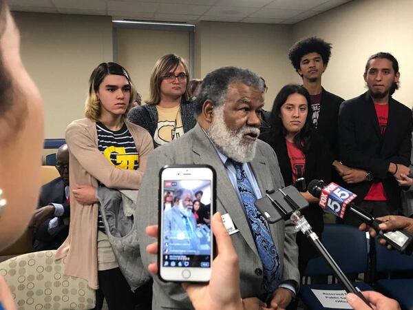 Veteran civil rights activist Charles Black talks to reporters during the Nov. 15, 2017 Georgia Board of Regents meeting. ERIC STIRGUS / ESTIRGUS@AJC.COM