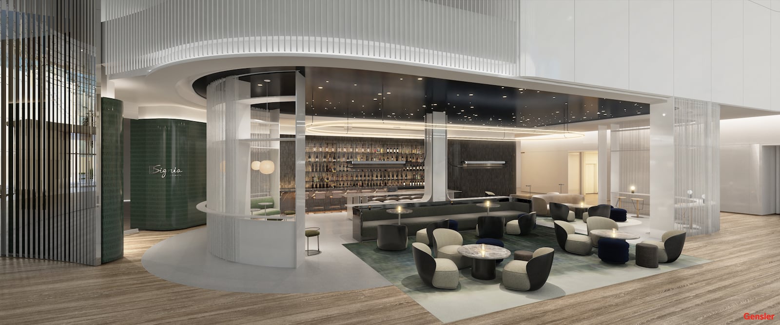 Rendering of the front view of the lobby bar at Signia by Hilton Atlanta.