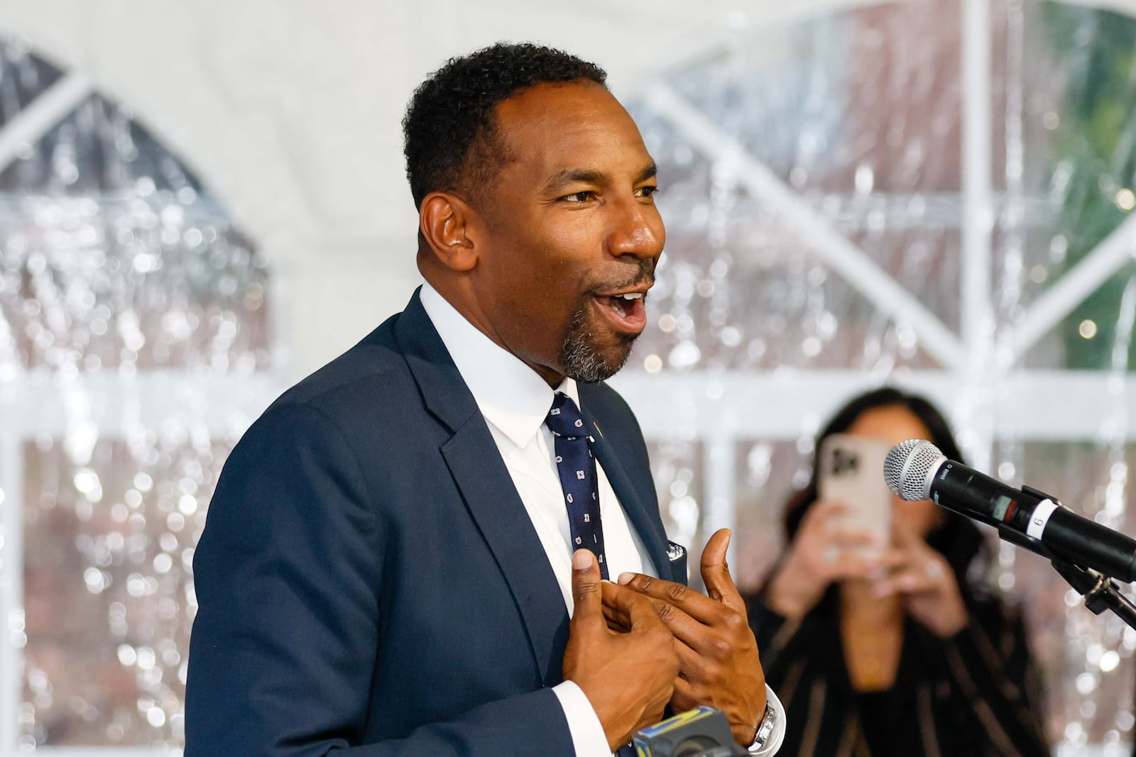 Atlanta Mayor Andre Dickens delivers his remarks during the celebrations of Rico Wade’s life and legacy in East Point on Thursday, Nov. 7, 2024.
(Miguel Martinez / AJC)