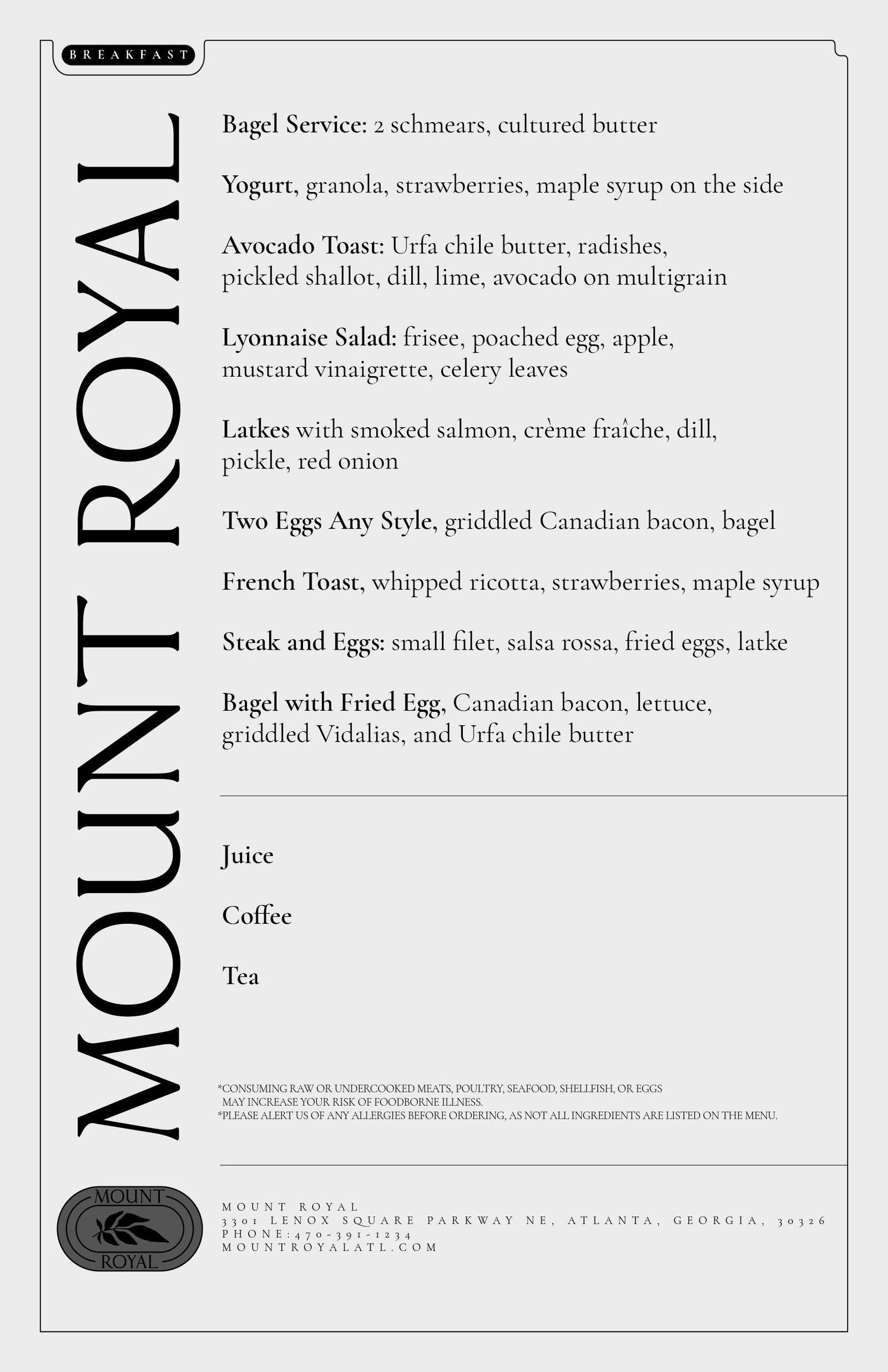 Mount Royal breakfast menu