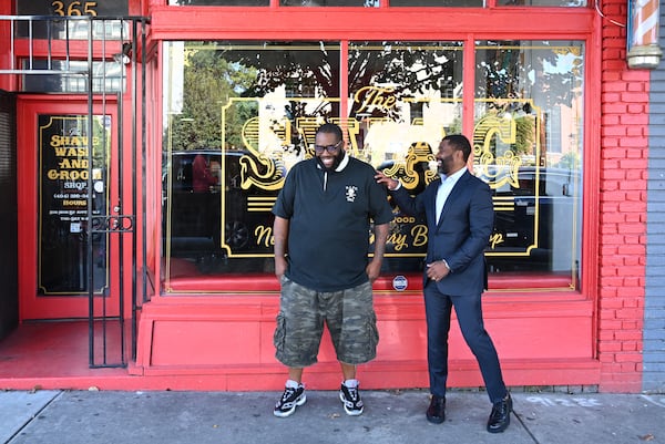 Killer Mike and Ryan Glover outside The Swag Shop in Atlanta on Tuesday, October 6, 2020. (Hyosub Shin / Hyosub.Shin@ajc.com)