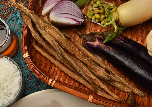 Dry Bombay duck is actually a small fish that's been preserved. It's used in Sukanya Kar Bhowmik's recipe for Loitta Shurkir Jhal (Dry Bombay Duck Curry). (Styling by Sukanya Kar Bhowmik / Chris Hunt for the AJC)