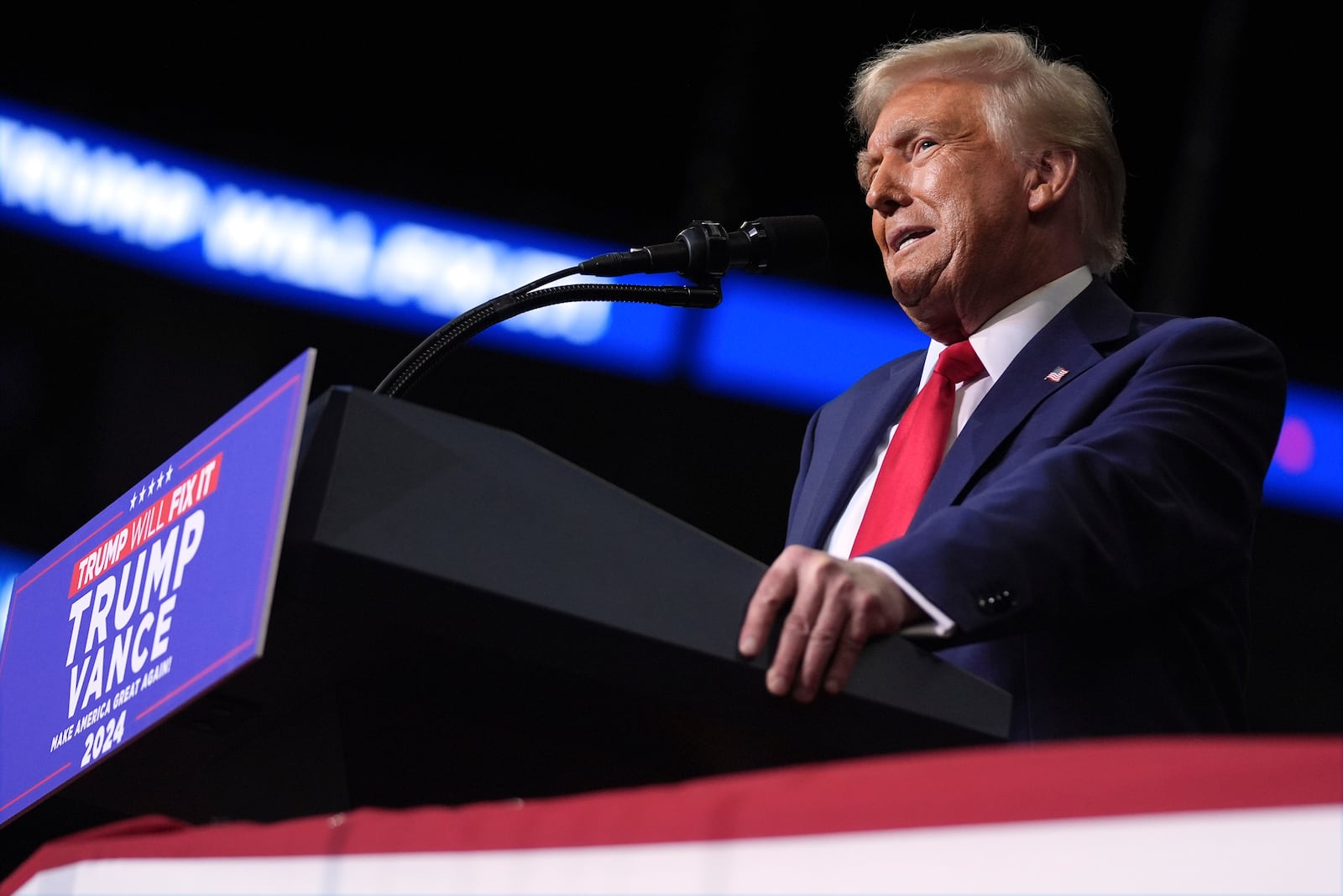 Republican presidential nominee former President Donald Trump speaks at a campaign rally at PPG Paints Arena, Monday, Nov. 4, 2024, in Pittsburgh, Pa. (AP Photo/Evan Vucci)