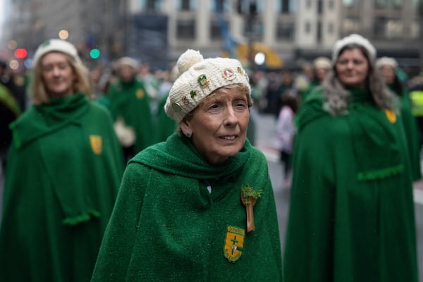 Nora Devaney, 77, of the Donegal Association of New York, marching for her 61st year in a row, looks on during the 264th New York City Saint Patrick's Day Parade, Monday, March 17, 2025 in New York. (AP Photo/Adam Gray)