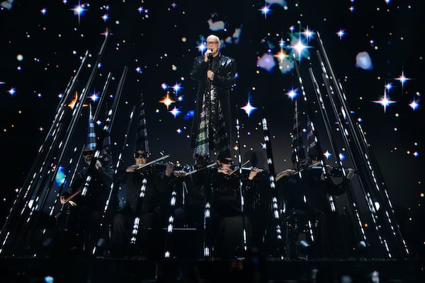 Neil Tennant from the 'Pet Shop Boys' performs alongside the Manchester Camerata during the MTV European Music Awards in Manchester, England, Sunday, Nov. 10, 2024. (Scott A Garfitt/Invision/AP)