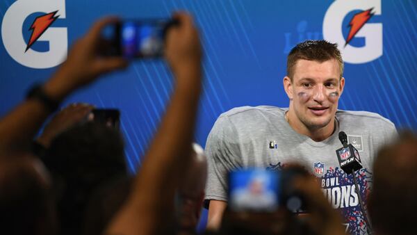 Rob Gronkowski #87 of the New England Patriots speaks at a press conference after the Patriots defeat the Los Angeles Rams 13-3 during Super Bowl LIII at Mercedes-Benz Stadium on February 3, 2019 in Atlanta, Georgia.