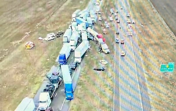 This image provided by the Kansas Highway Patrol shows the aftermath of a pileup on Interstate 70 near Goodland, Kan., caused by a dust storm and involving more than 70 vehicles, Friday, March 14, 2025. (Kansas Highway Patrol via AP)