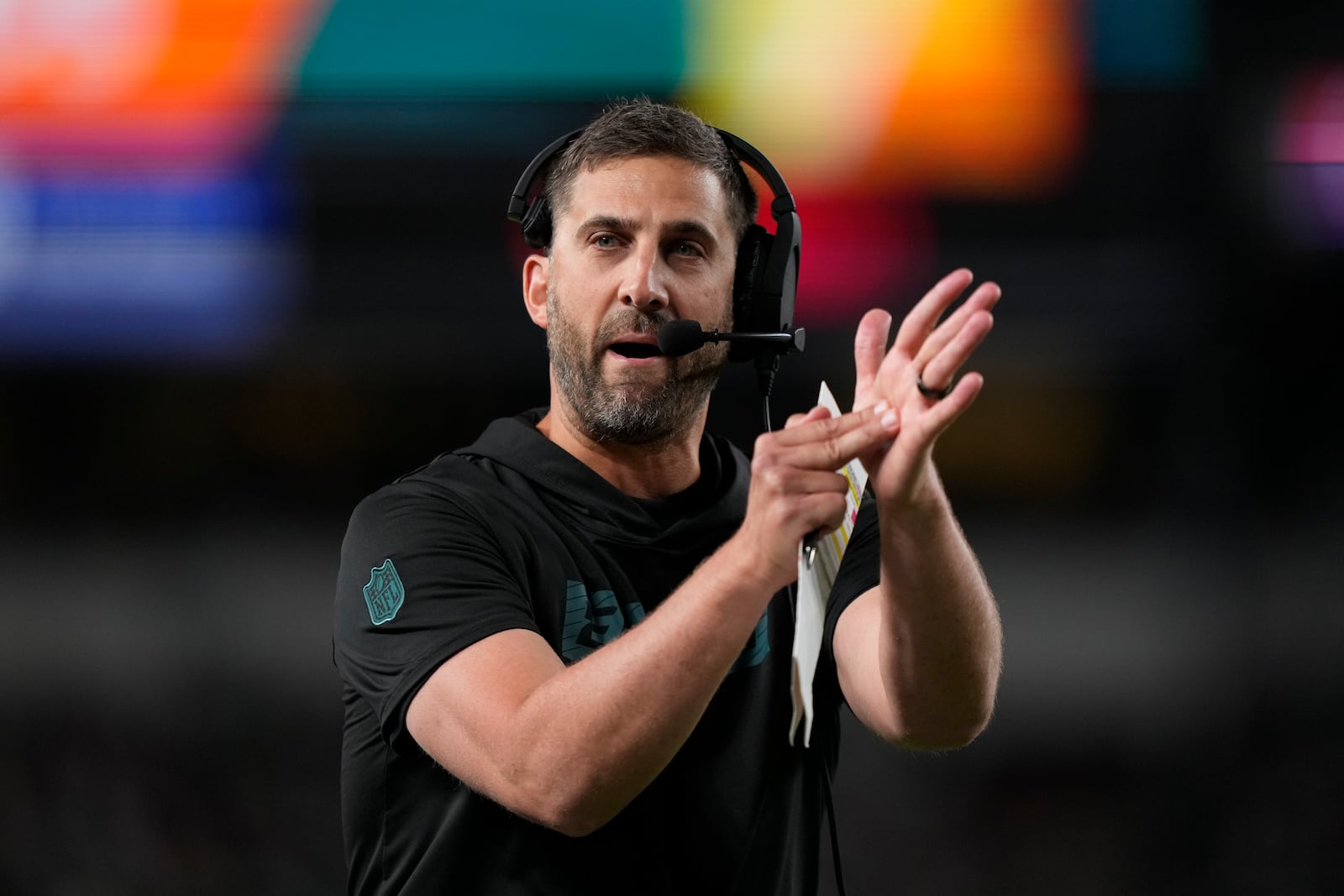 Philadelphia Eagles head coach Nick Sirianni gestures during the first half of an NFL football game against the Atlanta Falcons on Monday, Sept. 16, 2024, in Philadelphia. (AP Photo/Matt Slocum)