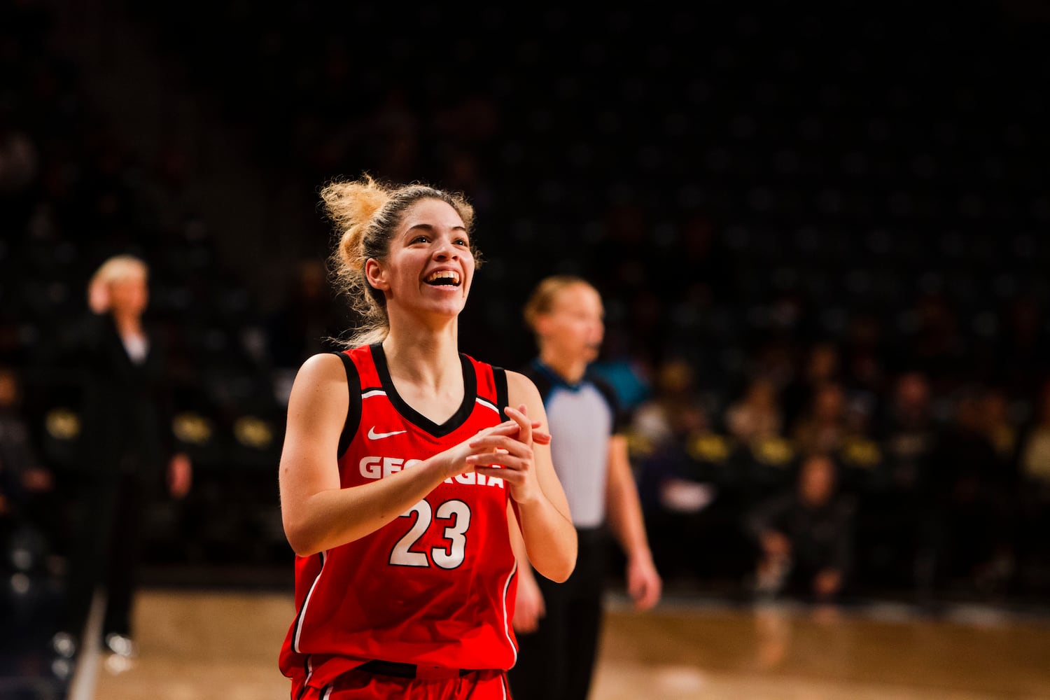 UGA guard Alisha Lewis celebrates after the Bulldogs defeated host Georgia Tech on Sunday in women's basketball. (CHRISTINA MATACOTTA / FOR THE ATLANTA JOURNAL-CONSTITUTION)