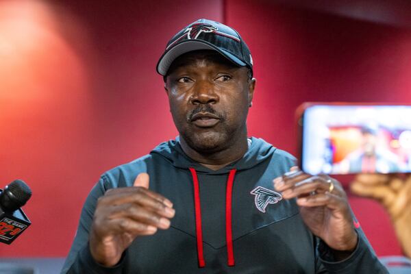 Falcons assistant head coach/defense Jerry Gray speaks to press at a team training session at Mercedes-Benz Stadium in Atlanta on Friday, June 2, 2023. (Arvin Temkar / arvin.temkar@ajc.com)