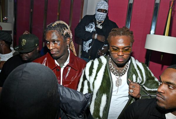 In this photo from of Oct. 12, 2021, hip-hop artists Young Thug, left center, and Gunna, right center, attend a release party for Young Thug's new album "PUNK" at Delilah in West Hollywood, California. (Michael Tullberg/Getty Images/TNS)