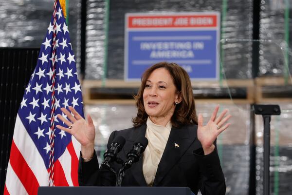 Vice President Kamala Harris toured the Qcells factory in Dalton earlier this month to promote the Biden administration’s investments in American manufacturing. Qcells has credited health and climate law that Democrats pushed through Congress last year with making the expansion possible, while also thanking Gov. Brian Kemp’s office for lucrative tax incentives and workforce programs. (Natrice Miller/natrice.miller@ajc.com)