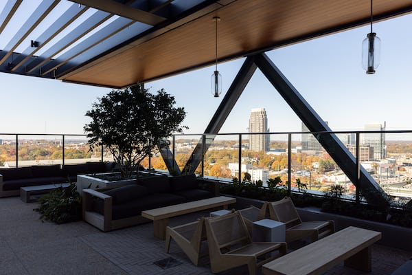 A view of an outdoor seating area of newly completed office tower Spring Quarter in Atlanta on Monday.  Arvin Temkar/AJC