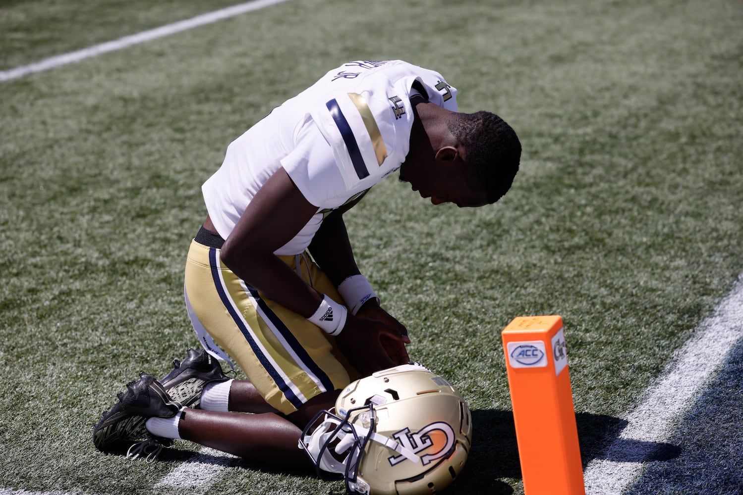 Georgia Tech wide receiver Abdul Janneh (4) takes a moment before the Spring White and Gold game at Bobby Dodd Stadium at Hyundai Field In Atlanta on Saturday, April 13, 2024.   (Bob Andres for the Atlanta Journal Constitution)