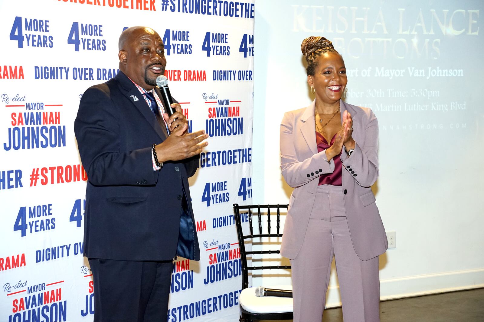 Savannah Mayor Van Johnson, left, campaigns with former Atlanta Mayor Keisha Lance Bottoms at an Oct. 30 event at The Clyde Venue in Savannah, Georgia. (Courtesy of Friends of Van Johnson)