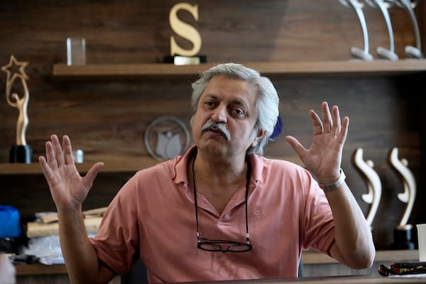 Pakistani tv actor and producer Saife Hassan talks with The Associated Press at his office, in Islamabad, Pakistan, Tuesday, Oct. 29, 2024. (AP Photo/Anjum Naveed)