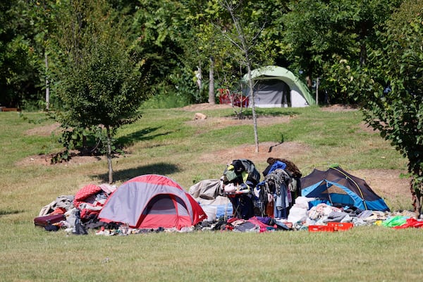 The Cooper Street encampment is home to about 60 people. Monday, Aug. 12, 2024. (Miguel Martinez / AJC)