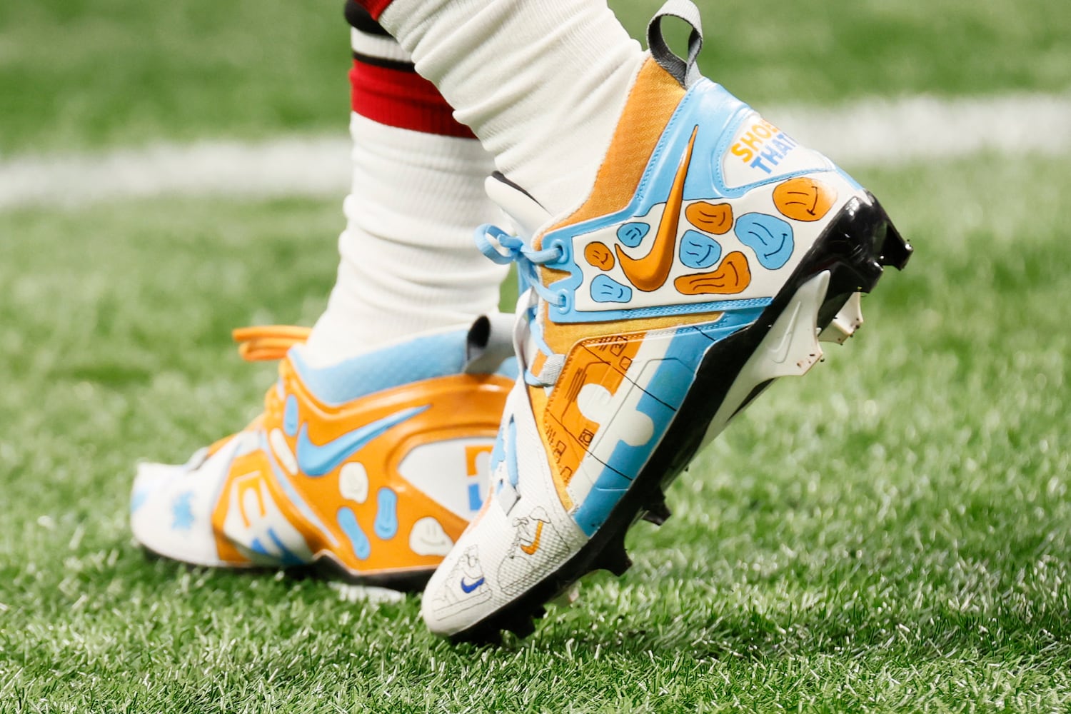 Falcons quarterback Marcus Mariota wears specially designed shoes for "My Cause My Cleats" on Sunday. (Miguel Martinez / miguel.martinezjimenez@ajc.com)