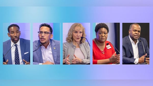 City Council members Andre Dickens (from left) and Antonio Brown, attorney Sharon Gay, Council President Felicia Moore, and former mayor Kasim Reed are leading candidates for Atlanta mayor.
(Jenni Girtman for The Atlanta Journal-Constitution)