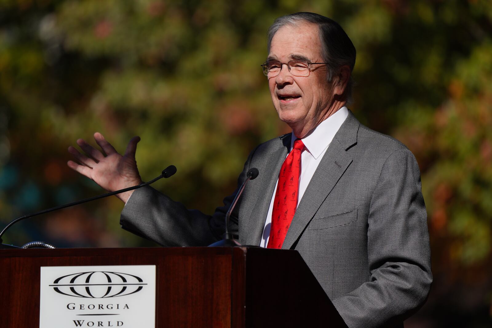 Billy Payne, President and CEO of the Atlanta Committee for the Olympic Games, speaks during a dedication ceremony honoring Richard Jewell and first responders at Centennial Olympic Park, on Wednesday, November 10, 2021, in Atlanta. (Elijah Nouvelage for The Atlanta Journal-Constitution)