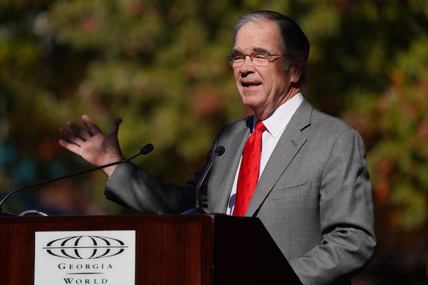 Billy Payne, President and CEO of the Atlanta Committee for the Olympic Games, speaks during a dedication ceremony honoring Richard Jewell and first responders at Centennial Olympic Park, on Wednesday, November 10, 2021, in Atlanta. (Elijah Nouvelage for The Atlanta Journal-Constitution)