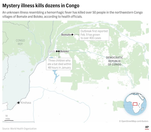 A hemorrhagic fever outbreak in the Democratic Republic of Congo has left more than 50 people dead. (AP Graphic)