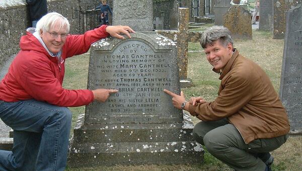 A voyage of family discovery: Brian Joseph Cantwell from Palo Alto, Calif. (left) and Brian Joseph Cantwell from Seattle discover the tombstone of another Brian Cantwell, at the Rock of Cashel in County Tipperary, Ireland. (Brian J. Cantwell/Seattle Times/TNS)