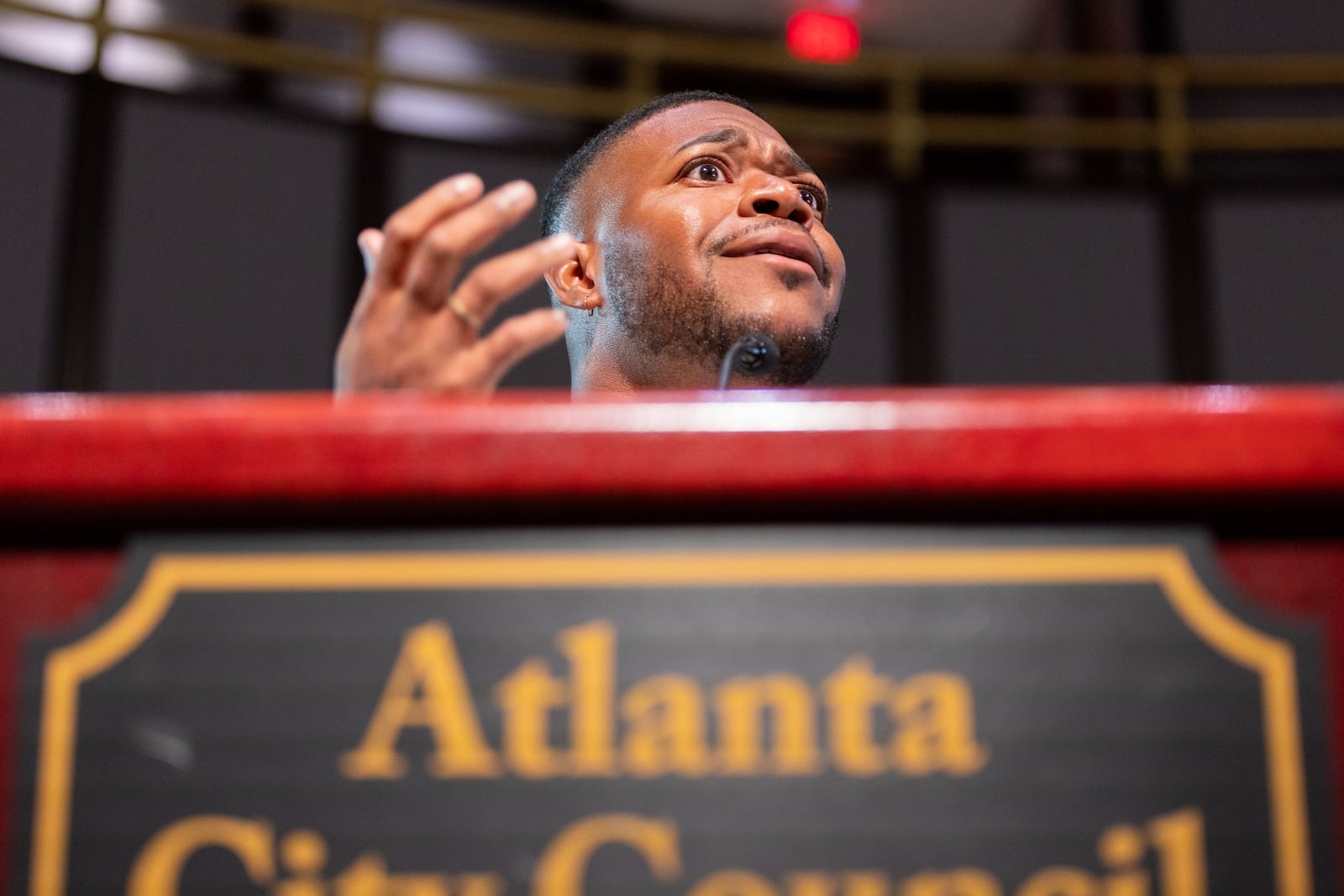 Devin Barrington-Ward speaks on the city’s water failure during public comment at a city council meeting at City Hall in Atlanta on Monday, June 3, 2024. The water crisis has reached its fourth day following the breakage of several pipes. (Arvin Temkar / AJC)