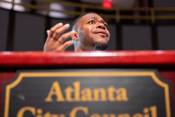 Devin Barrington-Ward speaks on the city’s water failure during public comment at a city council meeting at City Hall in Atlanta on Monday, June 3, 2024. The water crisis has reached its fourth day following the breakage of several pipes. (Arvin Temkar / AJC)