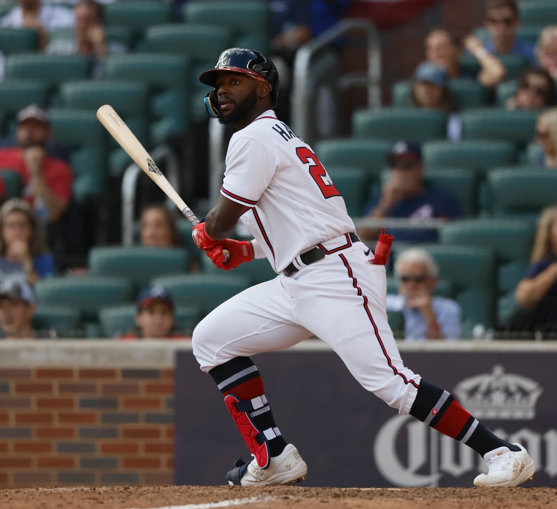 The Braves' Michael Harris grounds out during Game 1 of the National League Division Series against the Phillies at Truist Park. (Jason Getz / Jason.Getz@ajc.com)