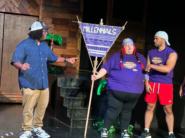 In Whole World Theatre's "Improvivor," a play off the game "Survivor," host Daniel Clanton (Peff Jrobst) dealing with players Paige Crawford (Raven) and Camilo Duarte (Ricardo). RODNEY HO/rho@ajc.com