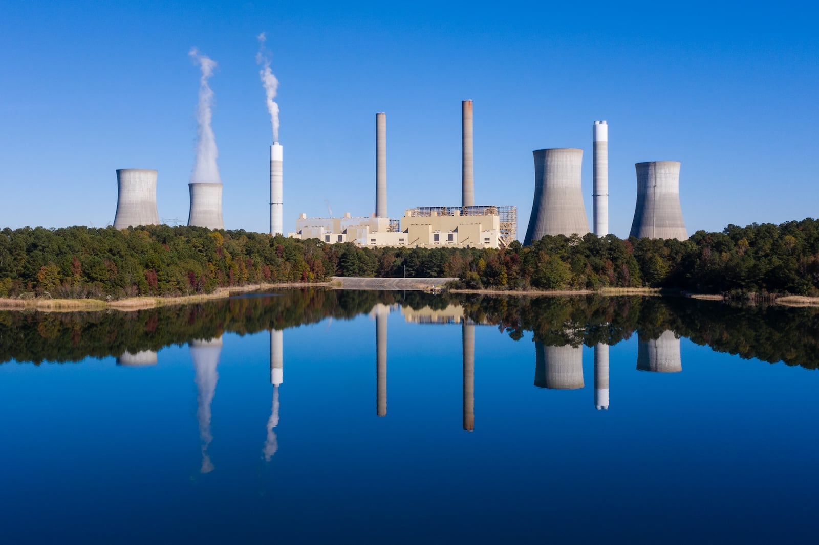 Plant Scherer, a Georgia Power plant, is seen from the air using a drone on Tuesday, Nov. 9, 2021, near Juliette. (Elijah Nouvelage for The Atlanta Journal-Constitution)