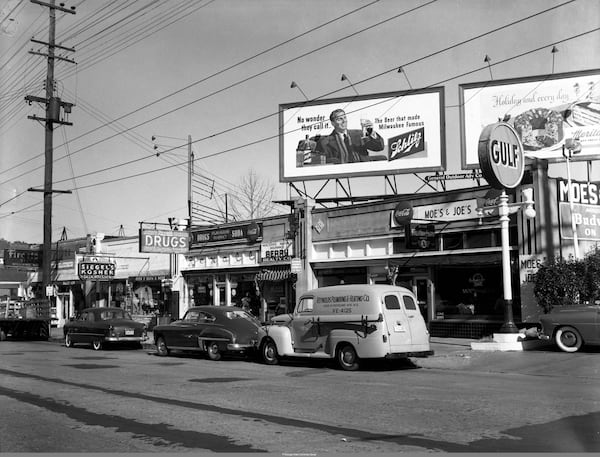 Moe's & Joe's and other businesses on Highland Avenue in December 1949. Photo: Lane Brothers Commercial Photographers / Courtesy of Special Collections and Archives, Georgia State University Library