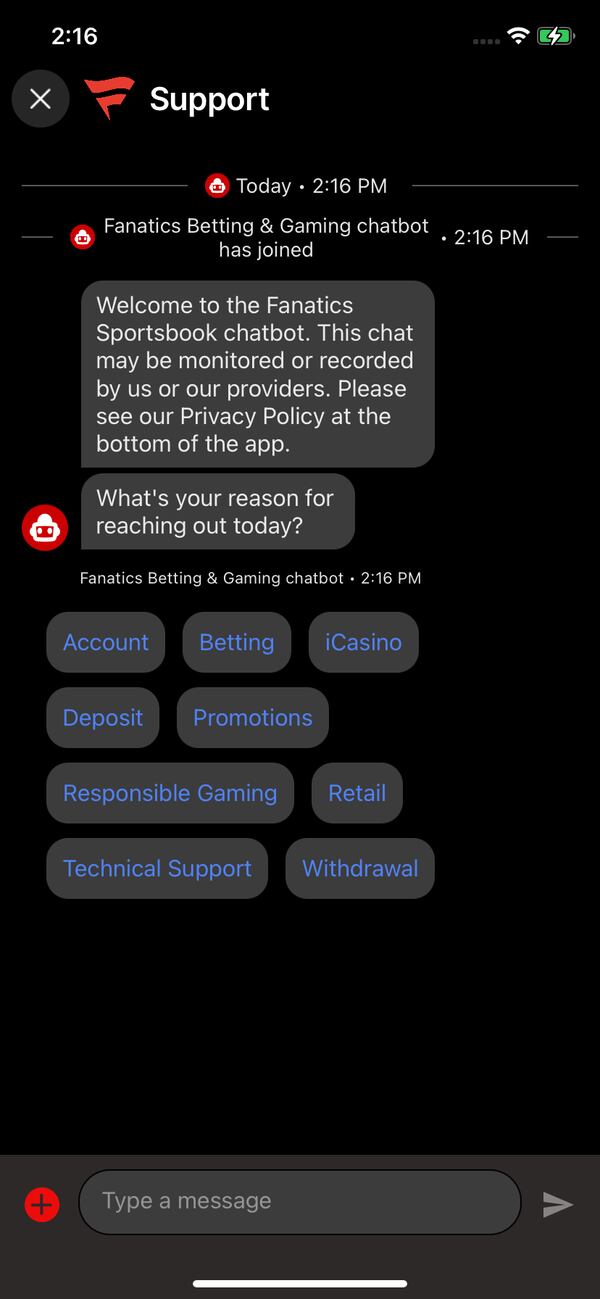 Fanatics Sportsbook Customer Support Chat