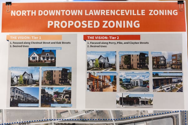 A display regarding proposed zoning changes is seen at Lawrenceville City Hall on Monday, June 26, 2023. (Arvin Temkar / arvin.temkar@ajc.com)