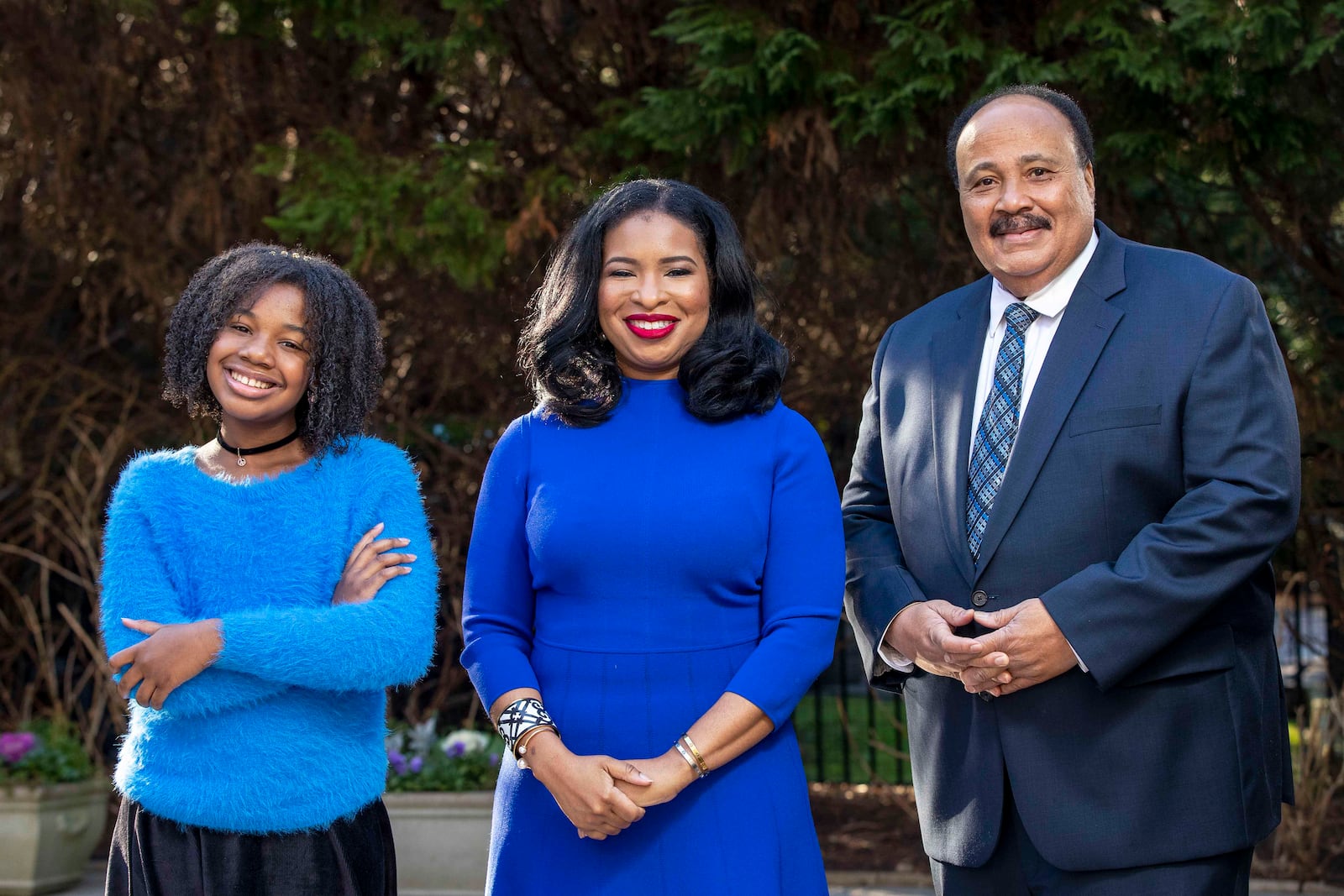 01/28/2021 — Atlanta, Georgia — Martin Luther King III (right), Arndrea Waters King and their daughter Yolanda Renee King (left) stand for a portrait at their residence in Atlanta, Georgia, Thursday, January 28, 2021. (Alyssa Pointer / AJC file photo)