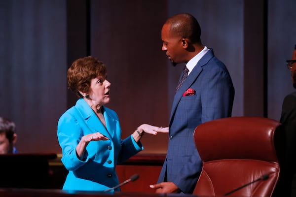 Atlanta Council members Mary Norwood and Antonio Lewis chat during a break from the Atlanta City Council meeting on Monday, August 15, 2022. Miguel Martinez / miguel.martinezjimenez@ajc.com