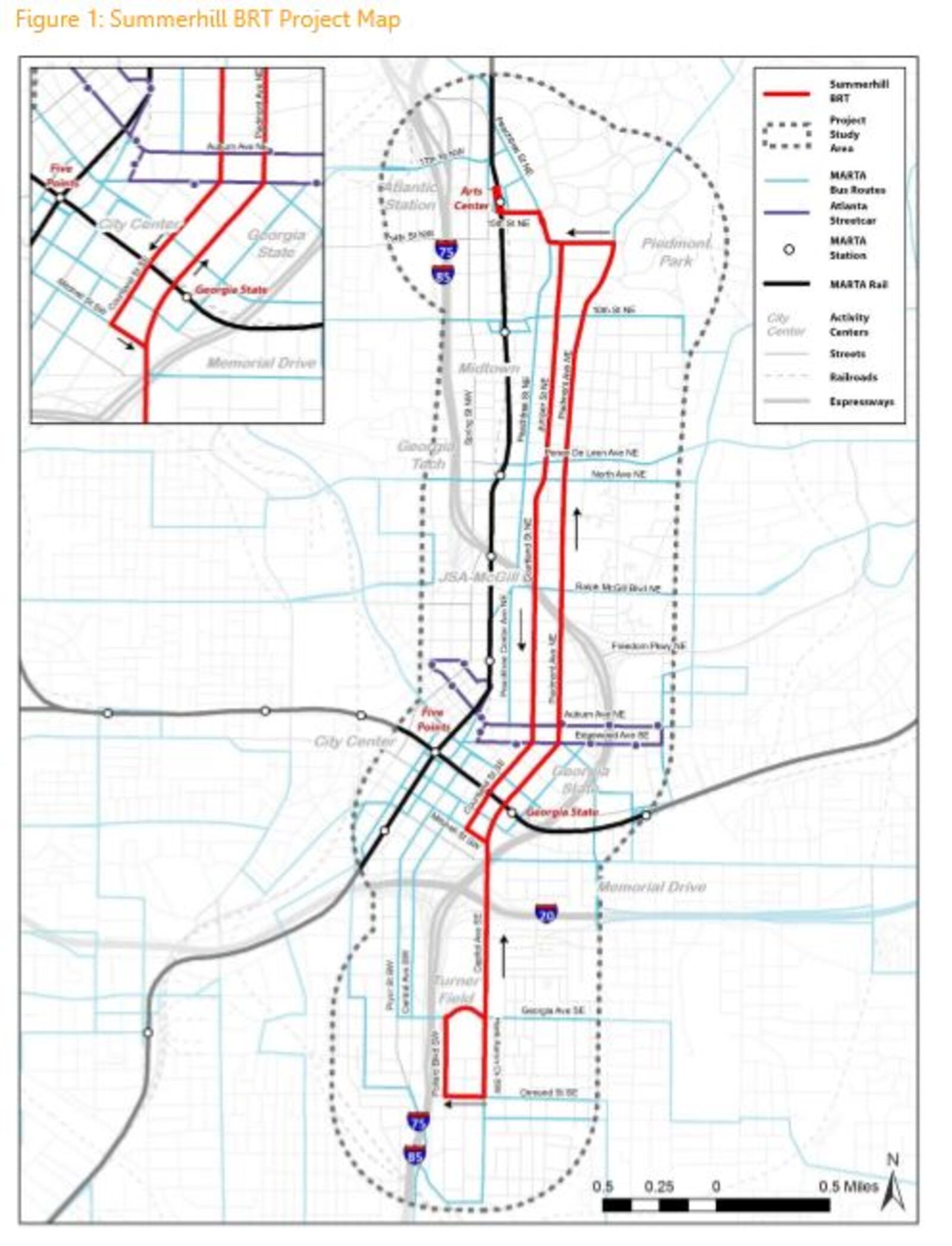 A map of the planned 9.4 mile bus rapid transit route from Midtown to Georgia State Stadium in the Summerhill neighborhood.