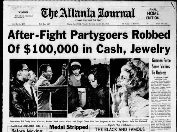 The Atlanta Journal front page reporting the robbery at a party following Muhammad Ali's comeback fight in Atlanta.