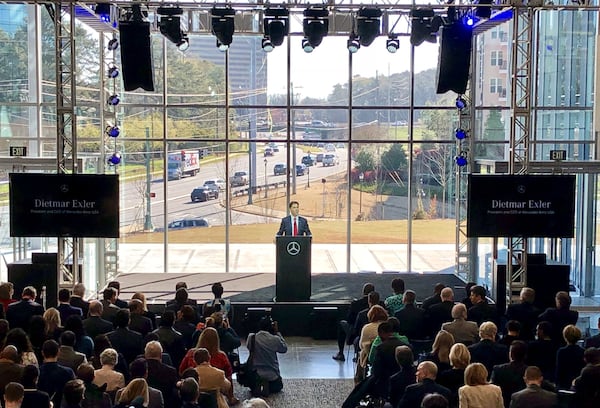 Dietmar Exler, the CEO of Mercedes-Benz USA, addresses the crowd at the grand opening of the German automaker’s North American headquarters in Sandy Springs. Thursday, March 15, 2018. J. Scott Trubey/strubey@ajc.com