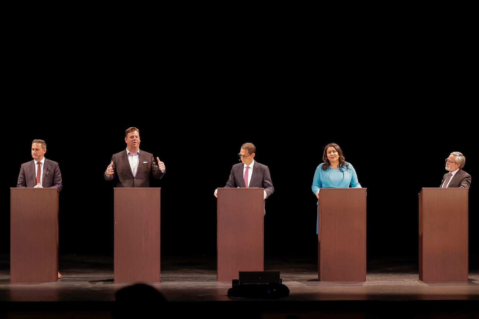 FILE - Mark Farrell answers a question during a debate for the top five candidates in the race for San Francisco mayor, at Sydney Goldstein Theater in San Francisco on Wednesday, June 12, 2024. From left are Ahsha Safaí, Farrell, Daniel Lurie, Mayor London Breed and Aaron Peskin. (Carlos Avila Gonzalez/San Francisco Chronicle via AP)